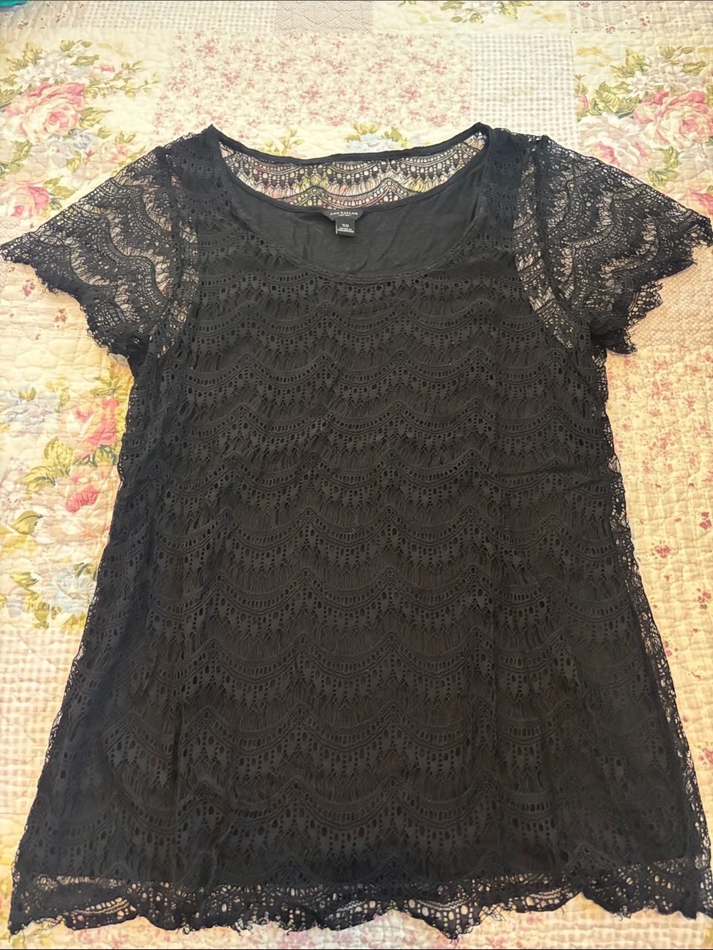 Ann Taylor Black Lace Short-Sleeve Blouse